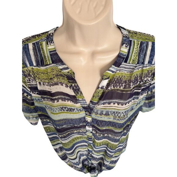 Westport 1962 Button Up Size Petite Medium Semi Sheer Tie Waist Blue Green Strip - Picture 2 of 8